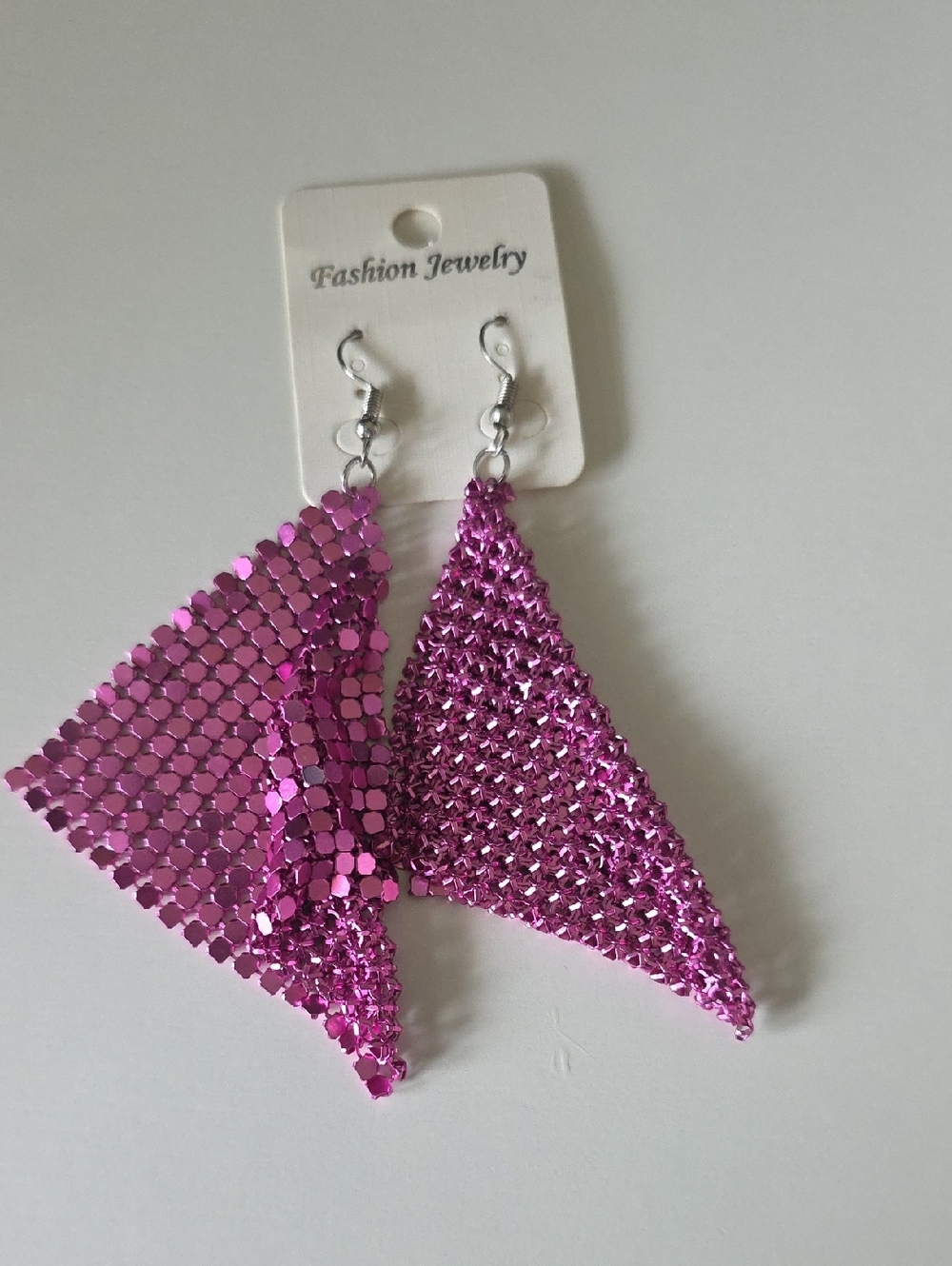 Fashion Jewelry Metallic Hot Pink Sequin Mesh Triangle Drop Earrings